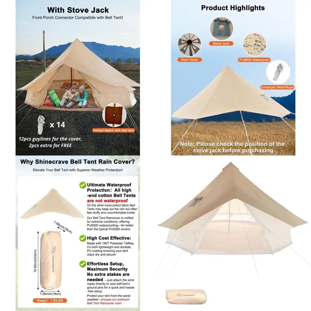 4 season PU5000 raincoat for bell tent with stove hole and air sockets on the roof for camping (Beige, 16.5ft)