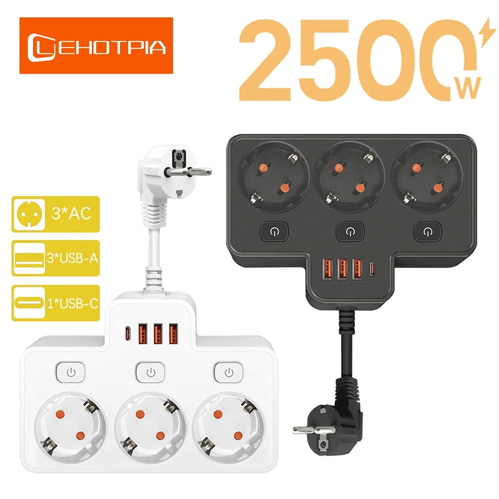 EU AC Plug Power Strip Multitap plug extender Wall Mounted Independent Switch With USB C Charging Network Filter Adapt