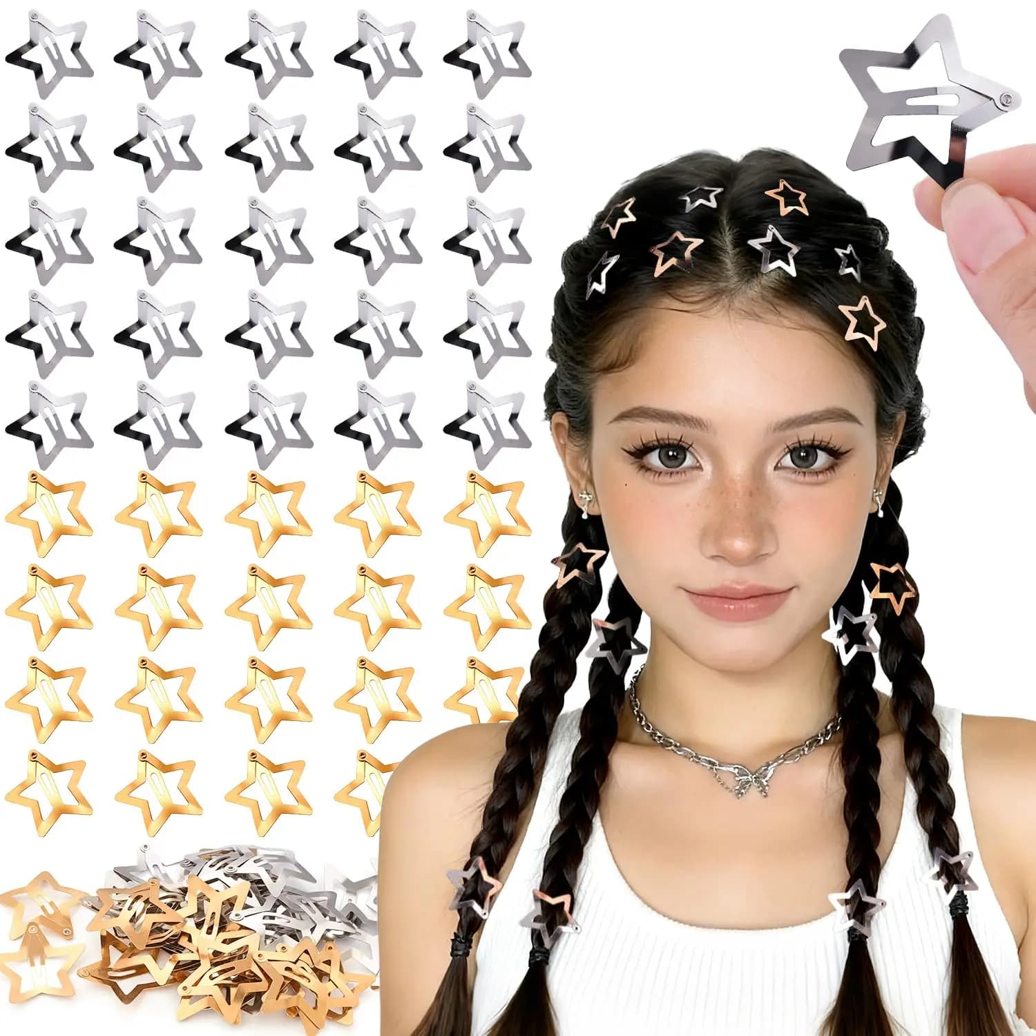 Gold Silver Star Hair Clips for Rave Party, Y2K Non Slip Snap Barrettes Set, Mini Metal Cool Hair Accessories for Women Girls Gift