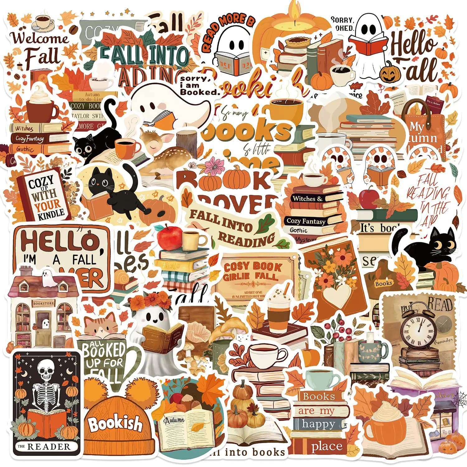 50 pezzi di adesivi graffiti bookish autunnali cartoni animati simpatici libri fantasma graffiti adesivi per notebook bookbook fai da te