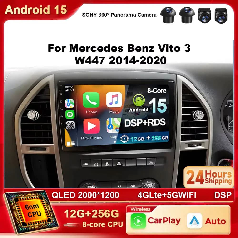 Android 15 Wireless CarPlay Auto Car Radio For Mercedes Benz Vito W447 2014-2020 GPS Multimedia 2 din Systems Stereo WIFI+4G