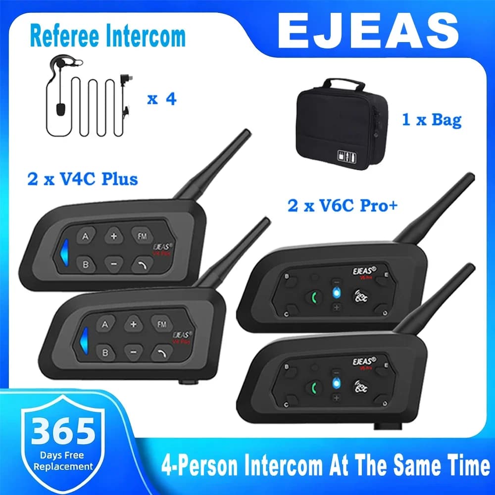 EJEAS 2Pcs V6C Pro + 2Pcs V4C Plus Interfono Bluetooth per Arbitri di Calcio + Borsa per il trasporto, utilizzabili contemporaneamente per 4 persone, impermeabili