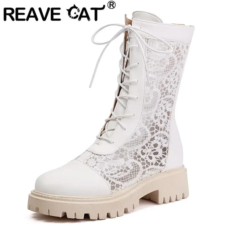 REAVE CAT Design Female Summer Boots Round Toe Thick Heel 4.5cm Platform 2.5cm Zipper Lace Up Breathable Mesh Big Size 43 44 45