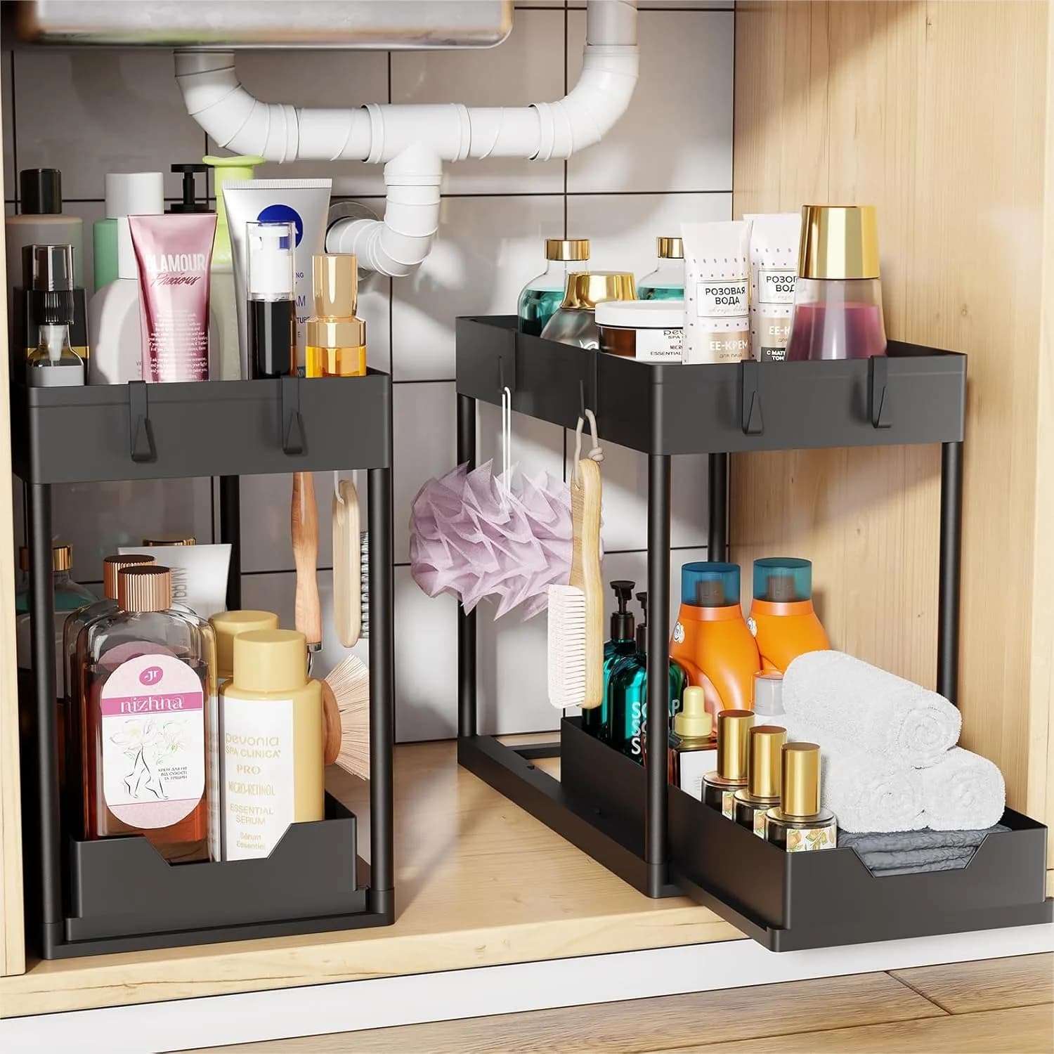 Organizzatore Sottolavello 2 Pezzi, Mobiletto Scorrevole Estraibile, Scaffale a 2 Livelli per Cucina Bagno Lavanderia, Nero, Senza Attrezzi