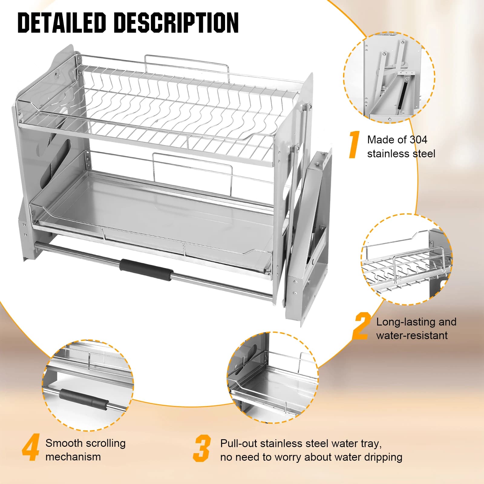 2-level concealed cabinet with lifting basket, 304 stainless steel, 22-34 inch width, for snacks, bowls and dishes