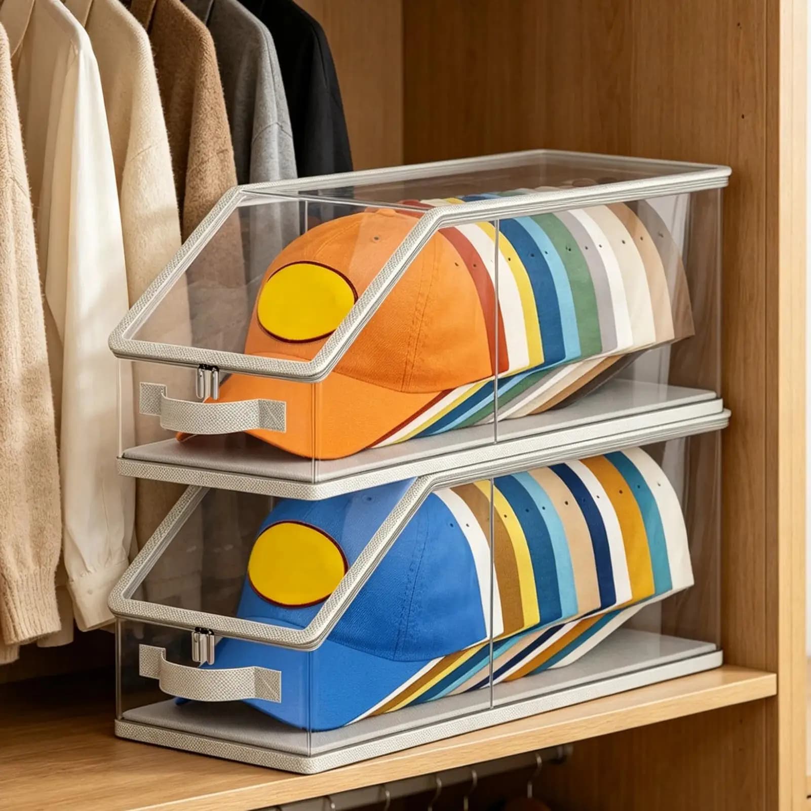 Hat Organizer Box Closet Stackable Baseball Cap Container Baseball Cap Holder Box for Home Dorm Room Bedroom Cloakroom Farmhouse
