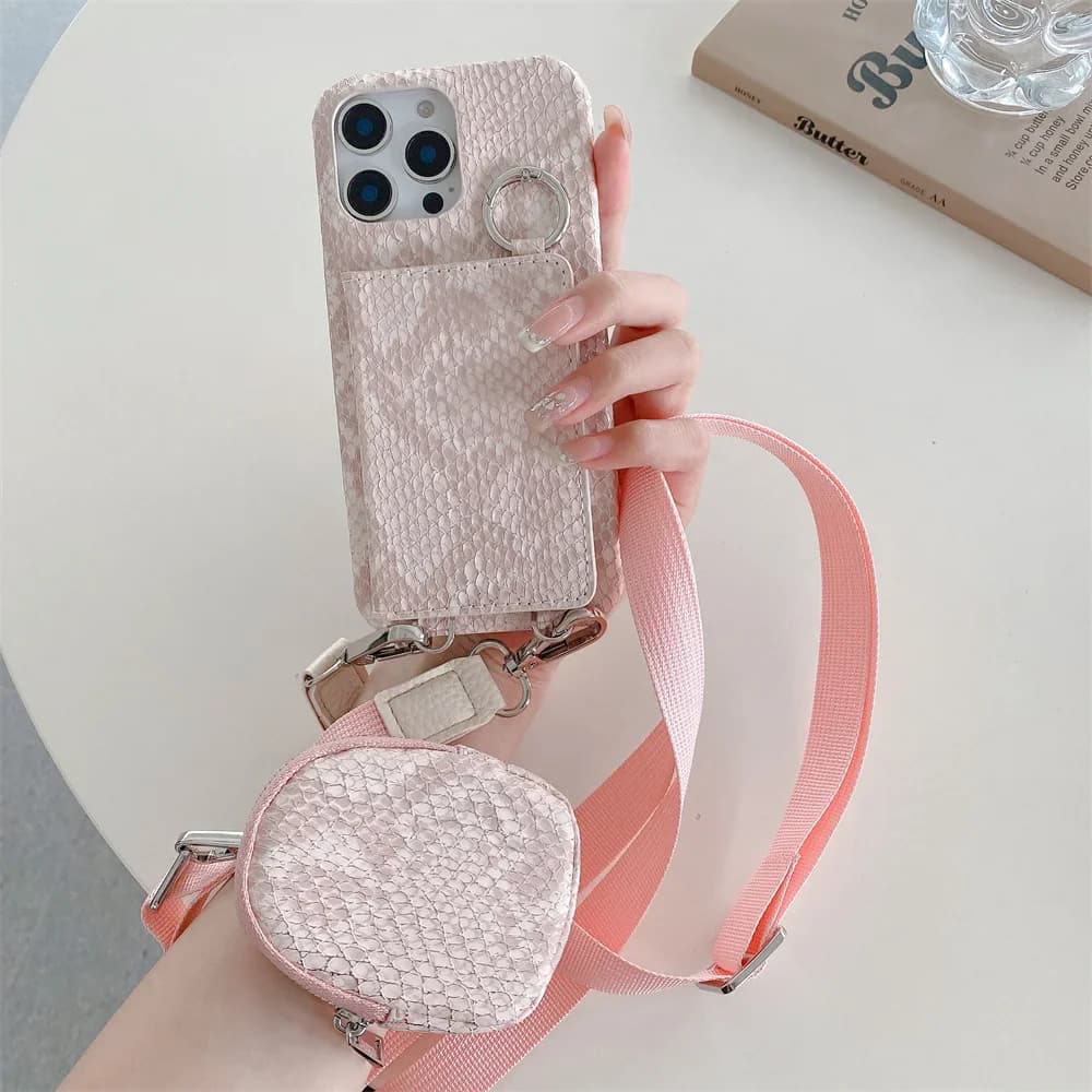 Snake Leather Crossbody Ring Holder Wallet Card Slot Phone Case for IPhone 17 Air 16E 16 15 13 12 14 11 Pro XS Max 8 Plus Cover