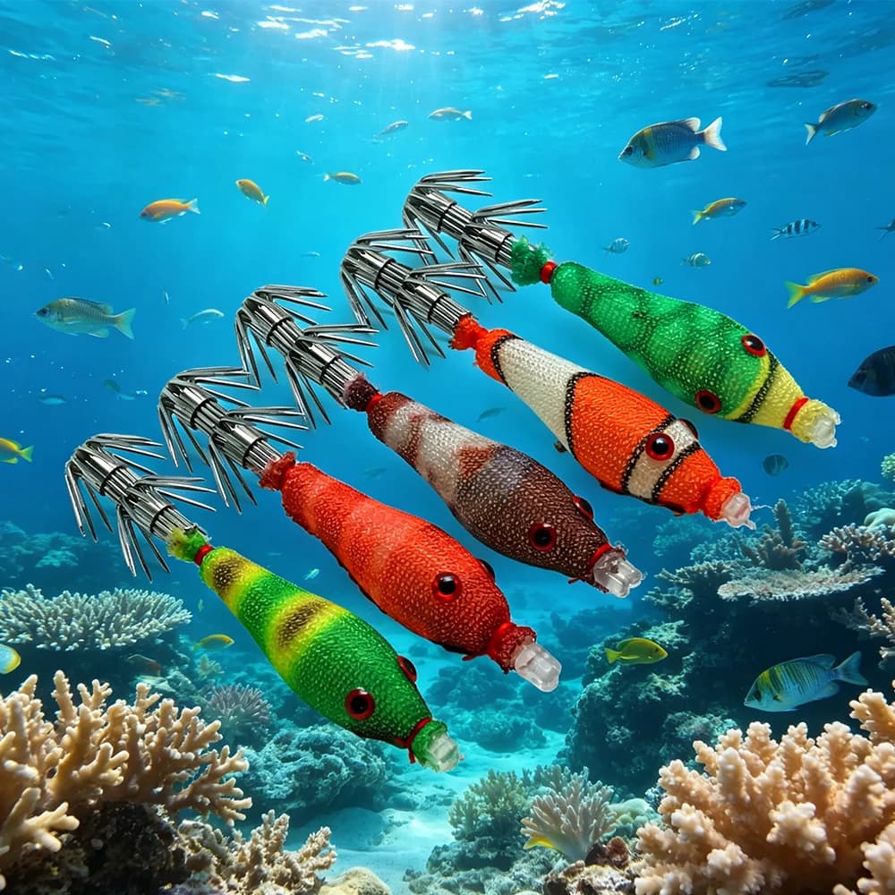 5 esche morbide per calamari, esche finte luminose simulate, ami a doppio strato per la pesca in mare