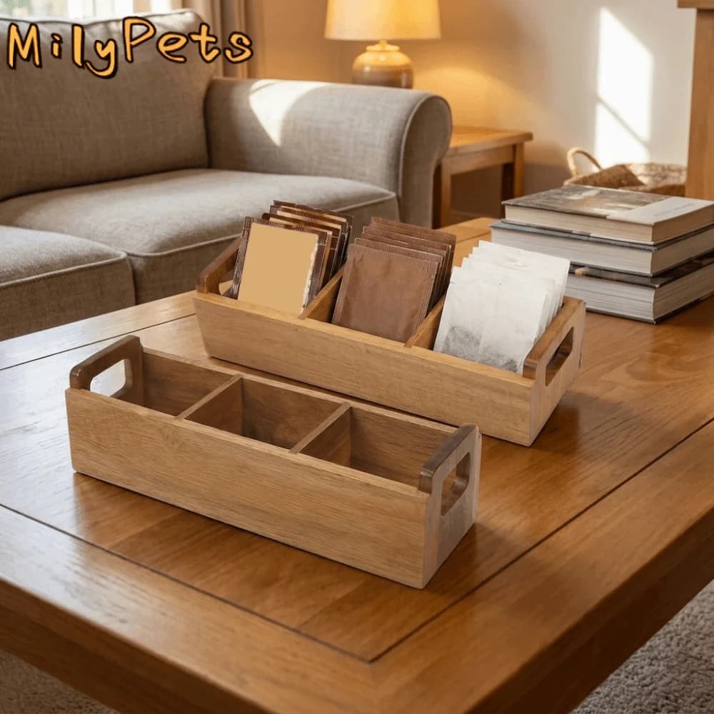 Wooden Tea Bag Storage Box 3 Slots Large Capacity Sugar Packet Storage Box Dual Side Handles Compartment Organizer for Home