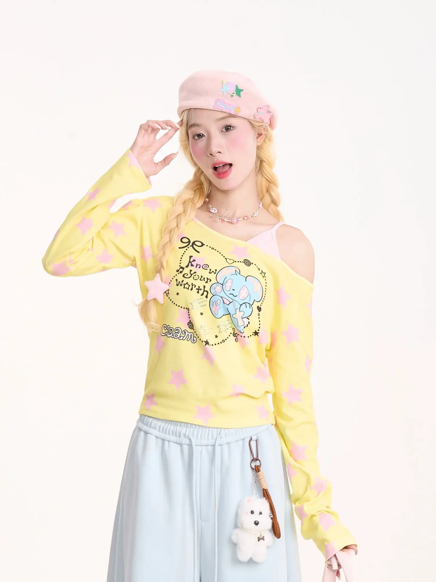Dopamine Star Shoulder Bared Long Sleeve T-Shirt Women's Summer New Style Fake Two-Piece Sweet Match All Trendy Top