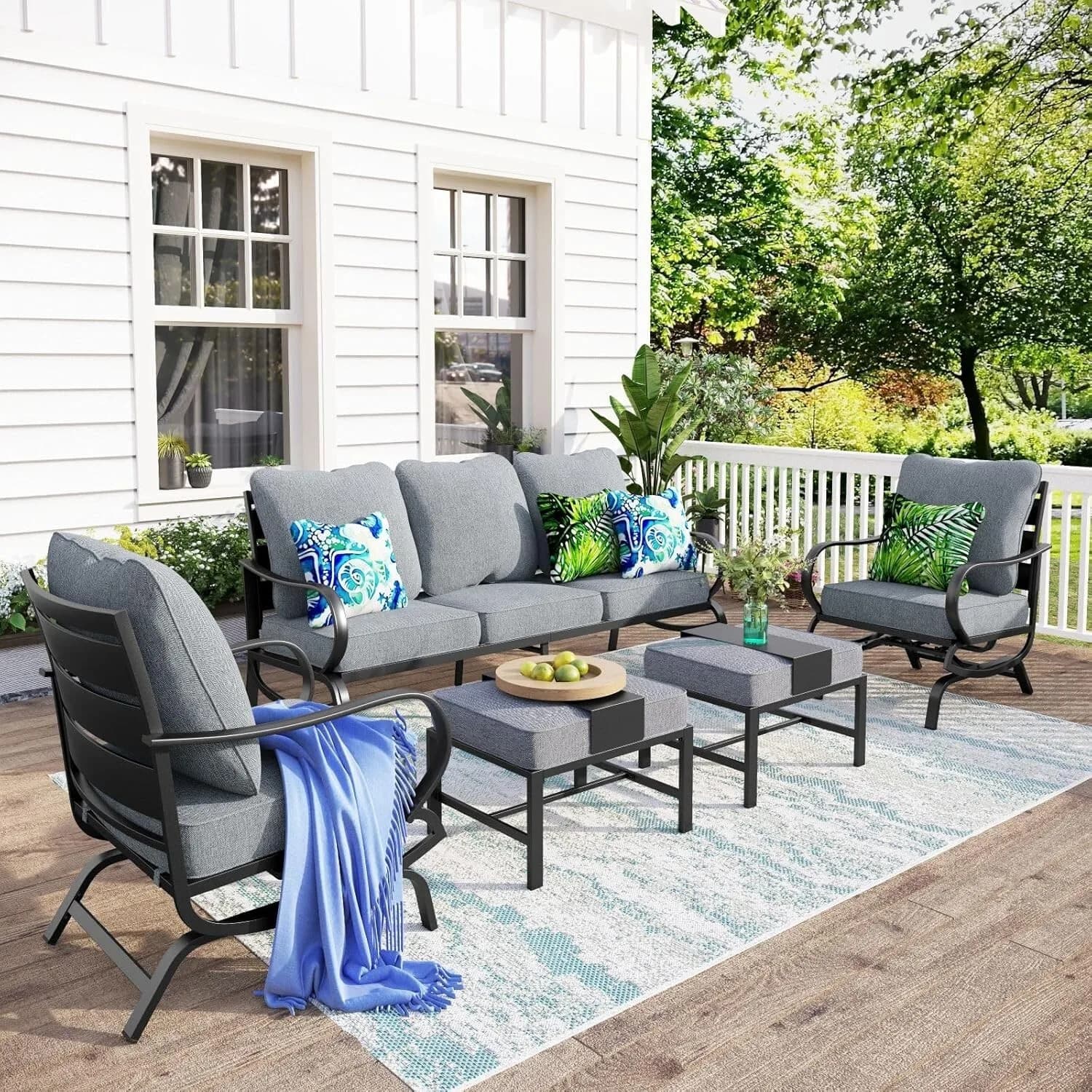 Patio Conversation Sofa Sets Outdoor Furniture Set with Rocking Chairs Ottoman