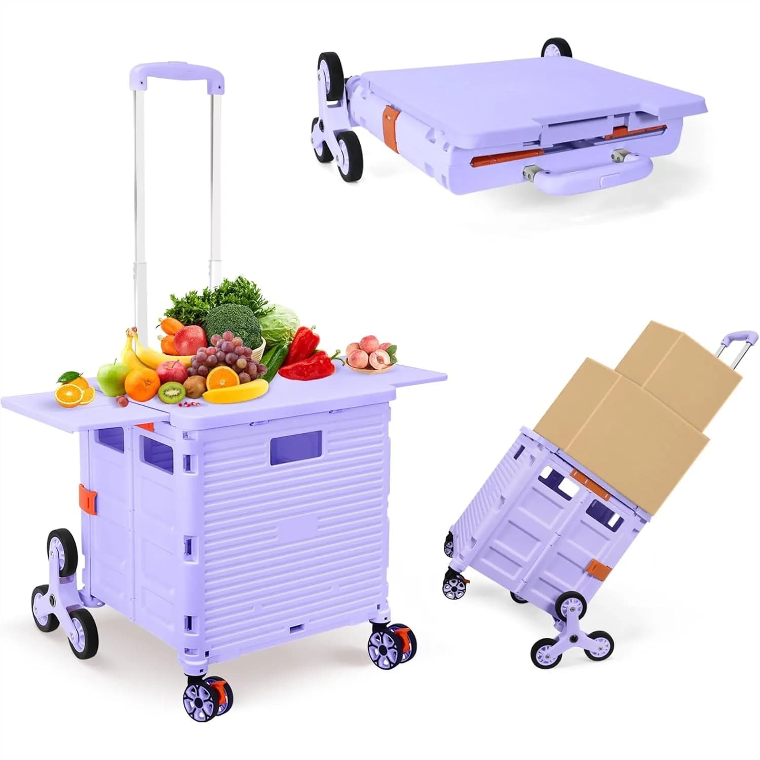 Carrello Pieghevole Multiuso con Ruote per Salire le Scale, Cassetta Rotante Richiudibile, Manico Telescopico, Rotazione a 360° ° Carrello a Mano Girevole per