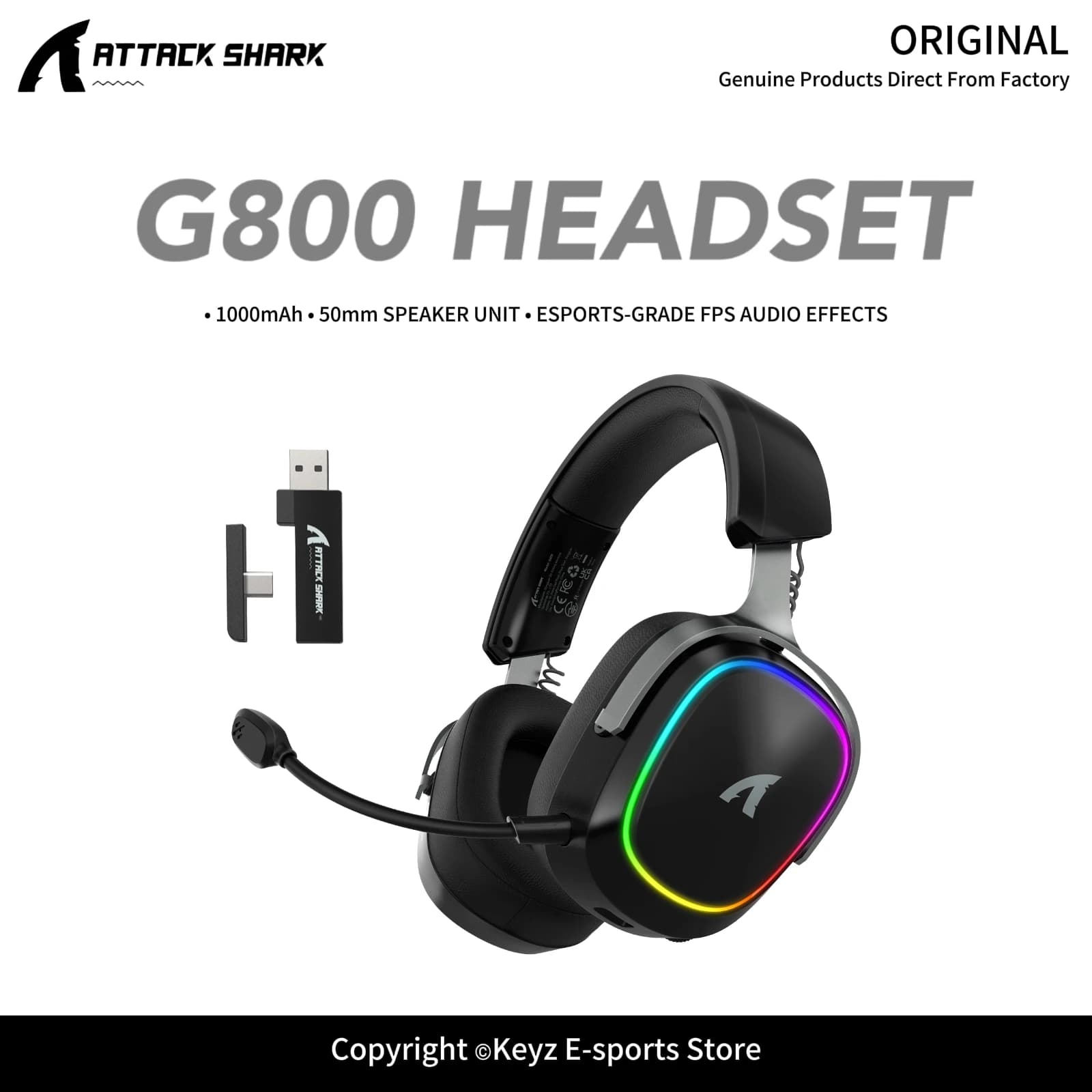 ATTACK SHARK G800 4-IN-1 Wireless Gaming Headset 20ms Low Latency 50mm Driver 1000mAh Battery RGB Aluminum Frame for PS5 Switch