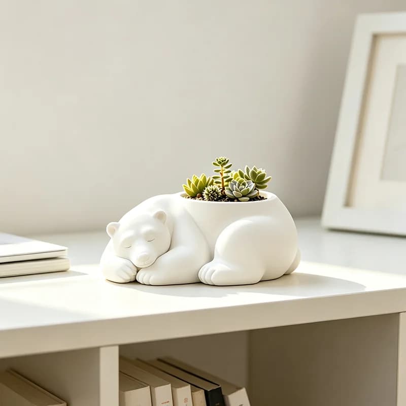 3D Printed Sleeping Polar Bear Planter Pot White Succulent Plant Container Cute Animal Sculpture Desktop Shelf Decor Ornament
