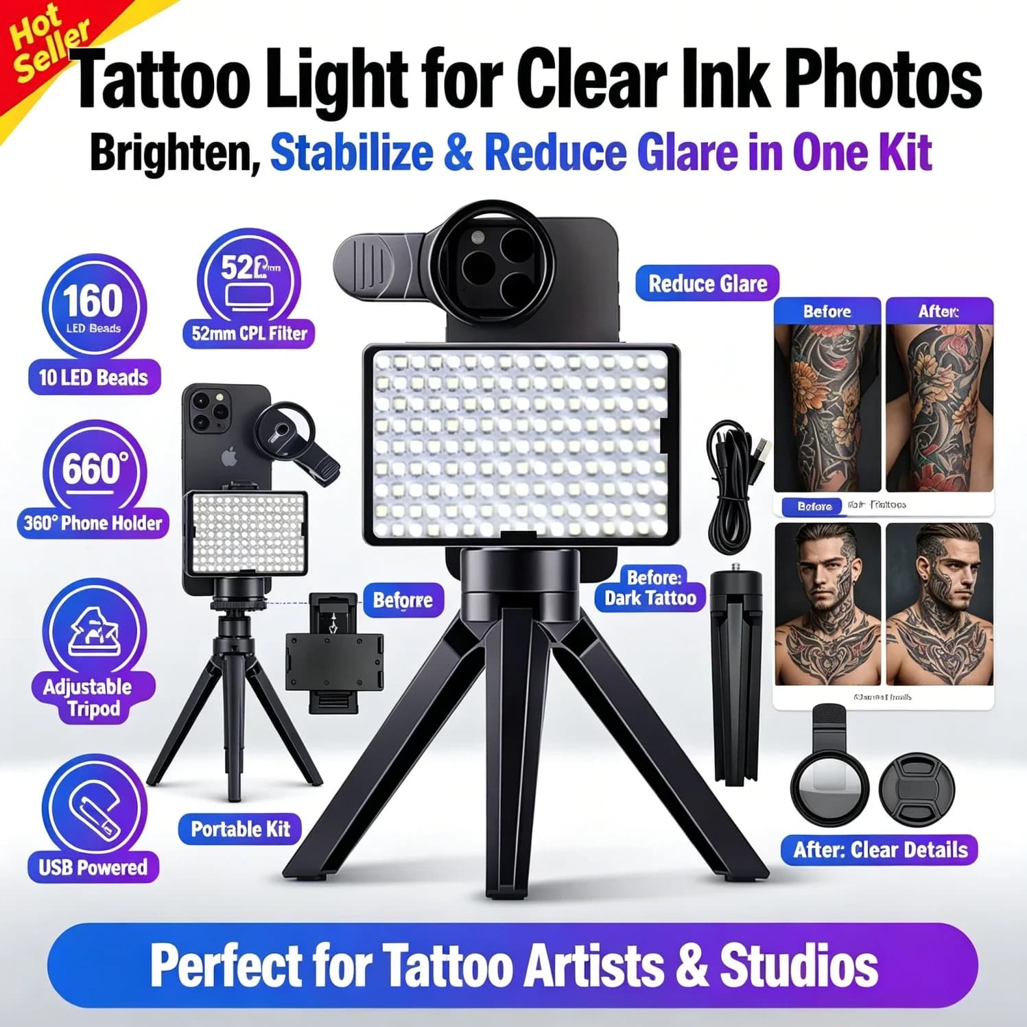 120 LED Reduce Reflected Fill Light Of Tattoos With 52mm Cpl Cellphone Lens Circular Polarizing Filter Tattoo Photography Light
