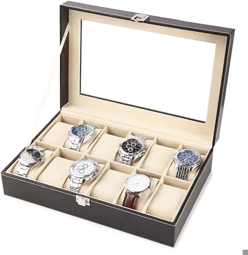 Organizer for PU leather watch showcase with framed glass lid. Elegant contrast and removable cushion for men and women