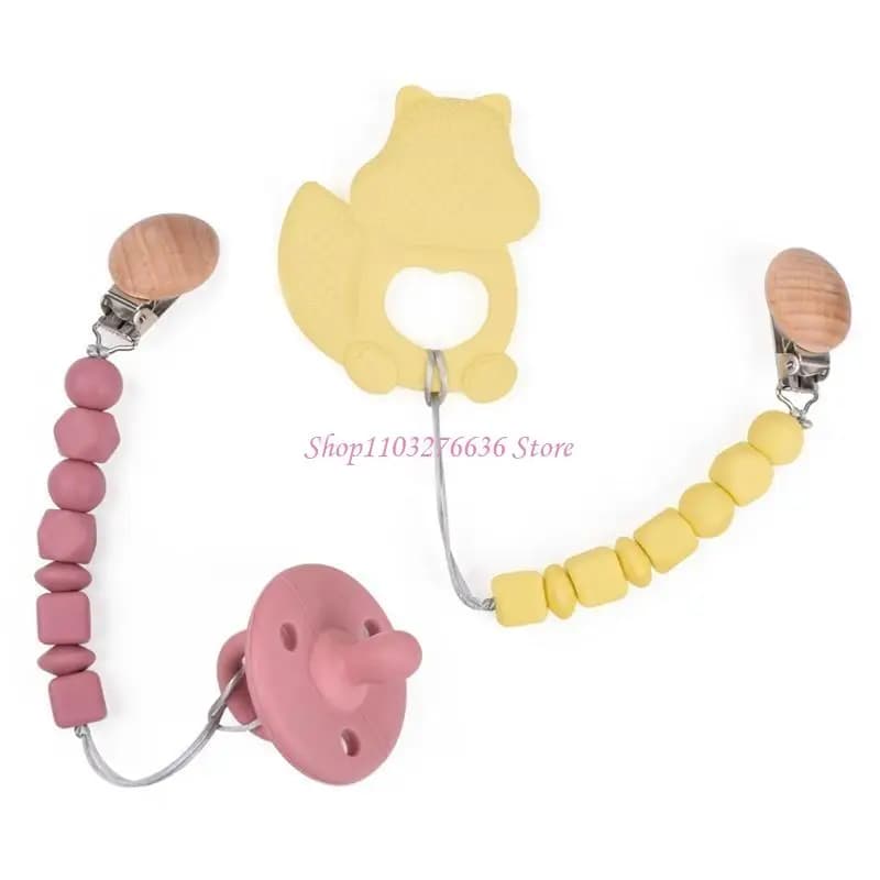 R6FD Baby Pacifier Chain Clip Nursing Teether Soother Holder Silicone Beads Chain Wooden Clip DIY Dummy Nipple Holder Leash