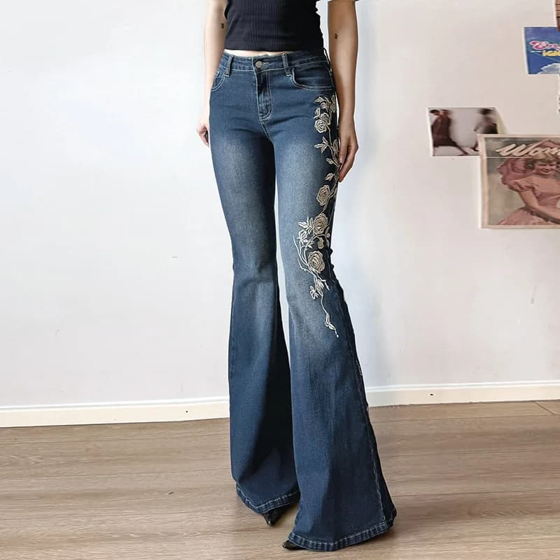 Retro Y2K Women's Jeans Baggy Low Rise Flared Denim Pants High Waist Slim Fit Polyester Fabric Zipper Closure Autumn Fashion