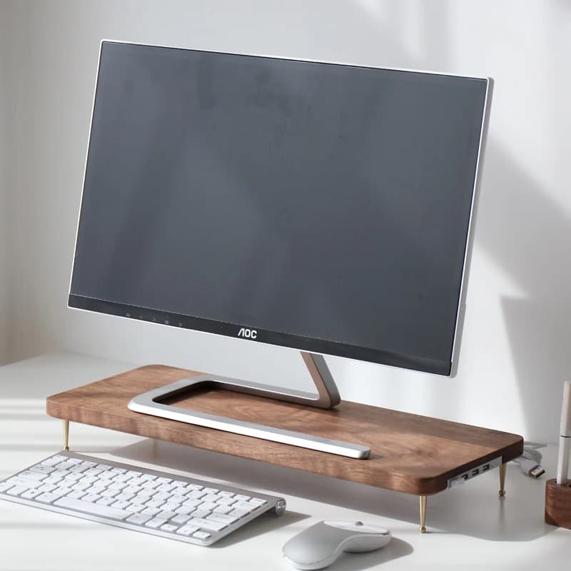 Solid Walnut Monitor Stand Desktop Organizer Riser for Computer Screen Multi-Functional Wooden Desk Base& Ergonomic for Office
