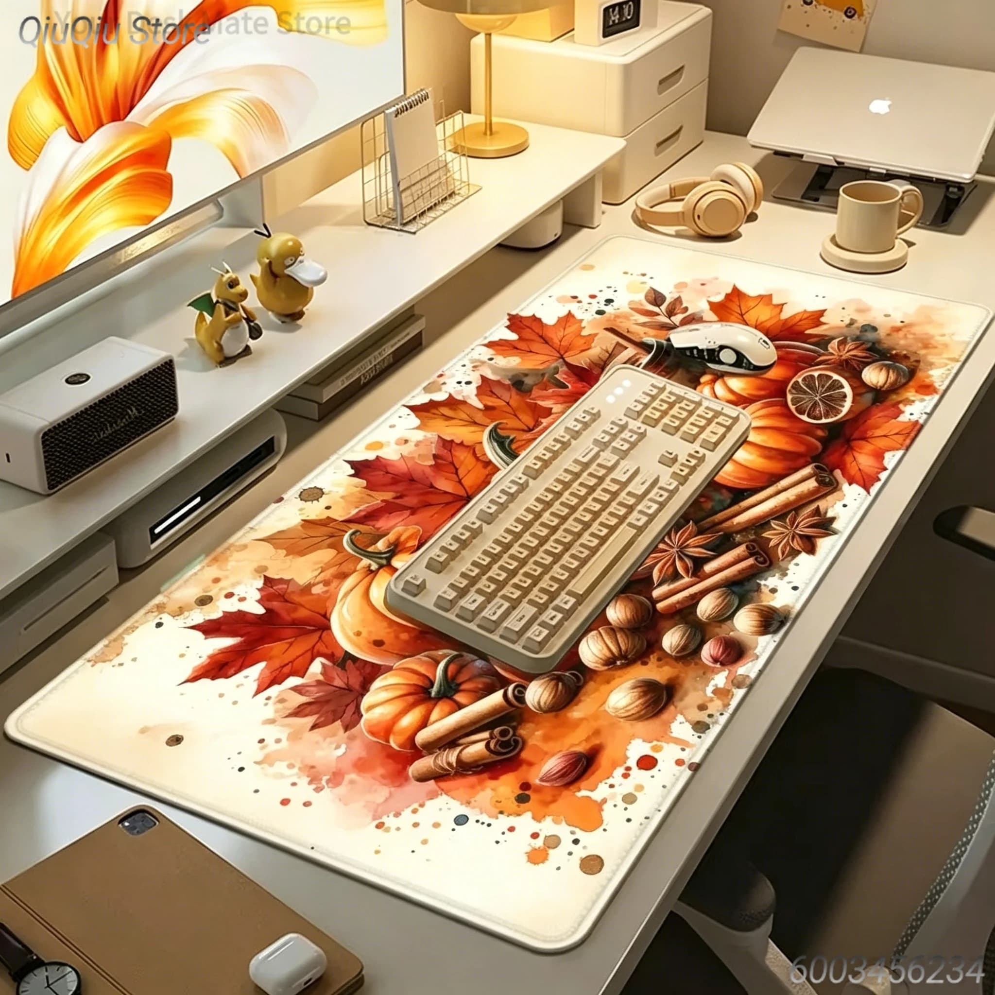 1PC Autumn Pumpkin Maple Leaf Print Large Lock Edge Non-Slip Rubber Desk Mat for Gaming Office