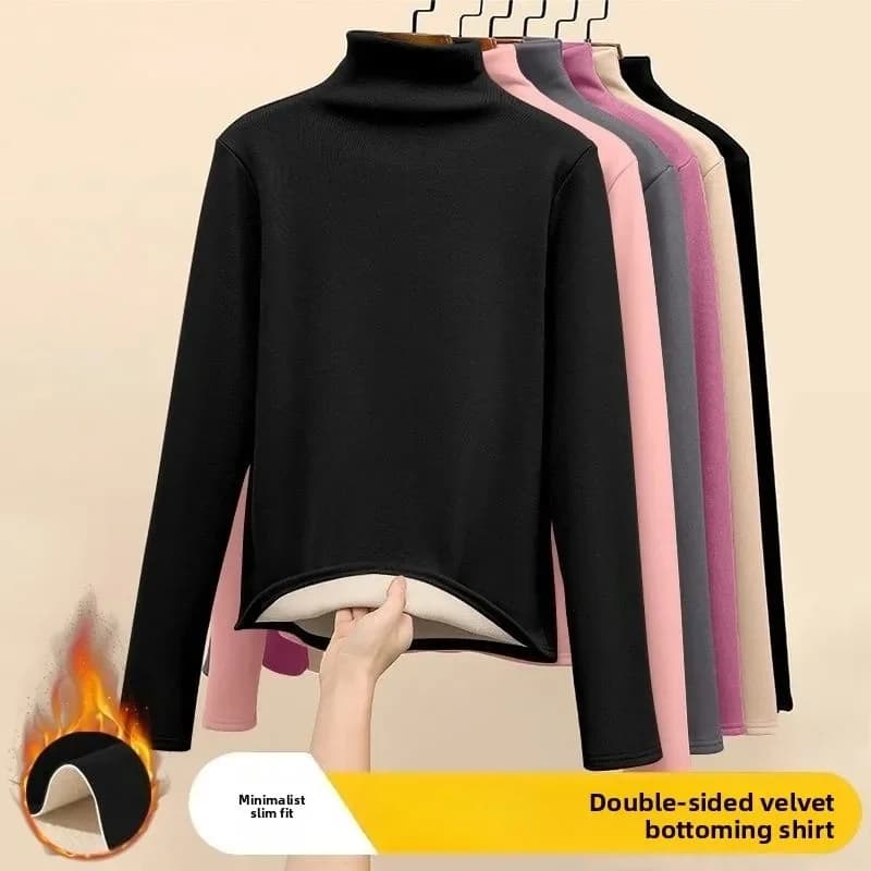 Intimo termico da donna Camicia invernale ispessita e fondo in flanella T-shirt basic a maniche lunghe tinta unita Pullover in fibra riscaldante
