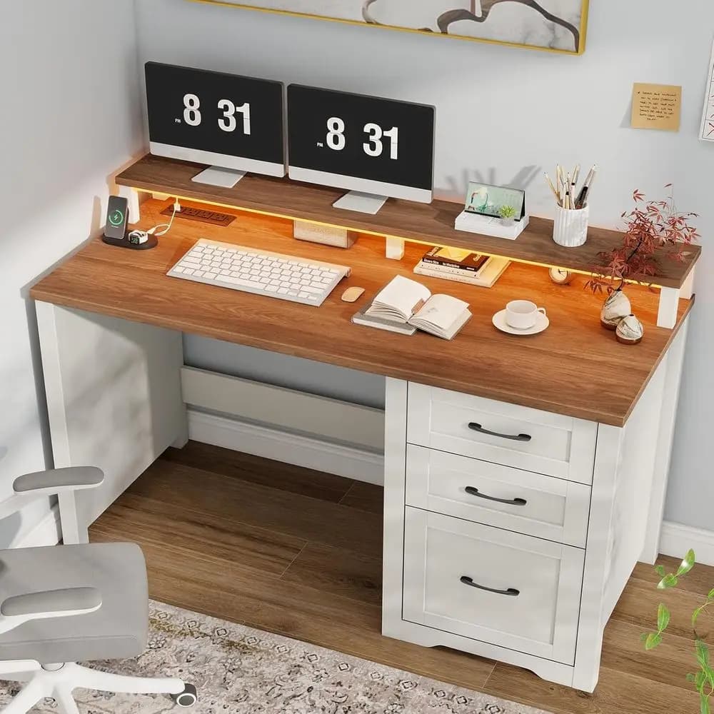 47 Modern Executive Desk with Monitor Stand, LED-lit, Power Outlets, Suitable for Home Office, Study, Writing - White