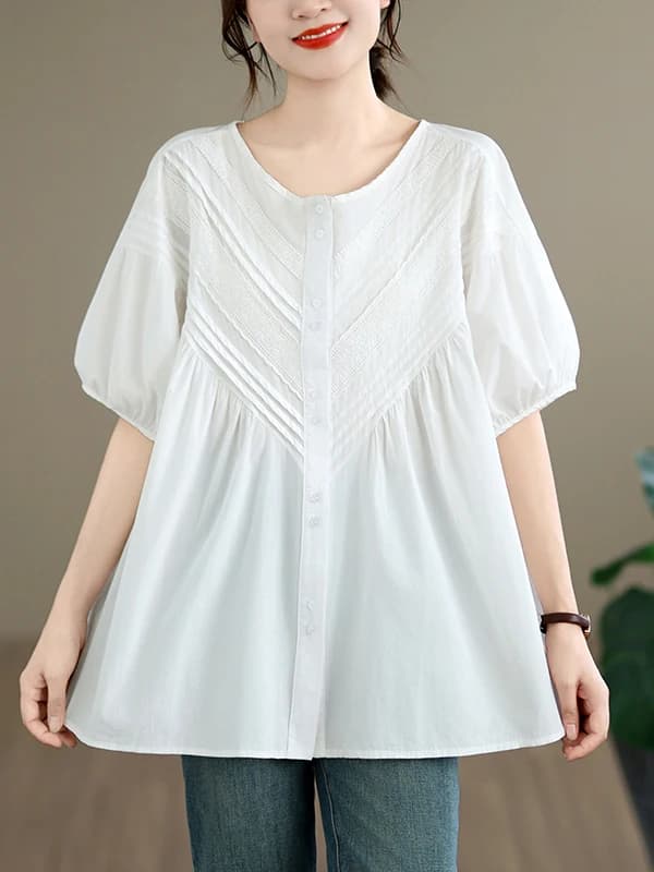 Pure Romantic Lace Splice Short Sleeve Women's Shirt Summer Artistic Loose Retro Versatile Small Top round Neck Bubble Sleeve