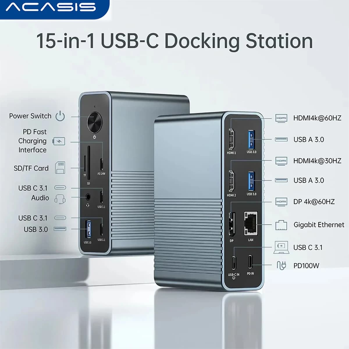 Acasis Adattatore hub tipo C per docking station USB C 15 in 1 per MacBook Risoluzione 4K a 60 Hz 3 Estensione display PD100W Estensione laptop