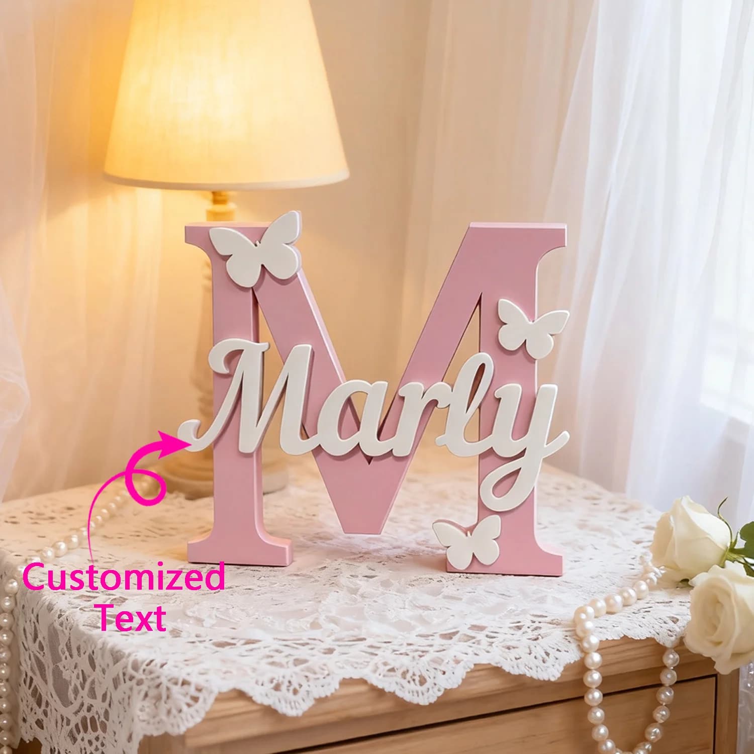1pc Custom Initial Letter Wooden Name Sign Butterfly Accent Personalized Cursive Text Tabletop Indoor Home Decor Gift