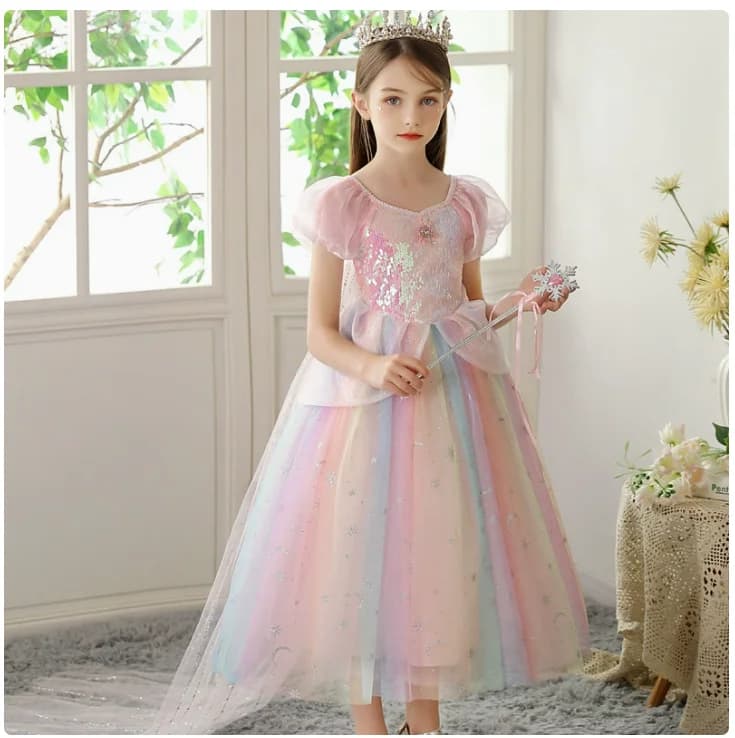 Nuovo Vestito Estivo 2026 per Bambine, Abito da Principessa Rosa con Paillettes e Fiori, con Mantellina, Vestito Elegante per Feste 4-8 Anni