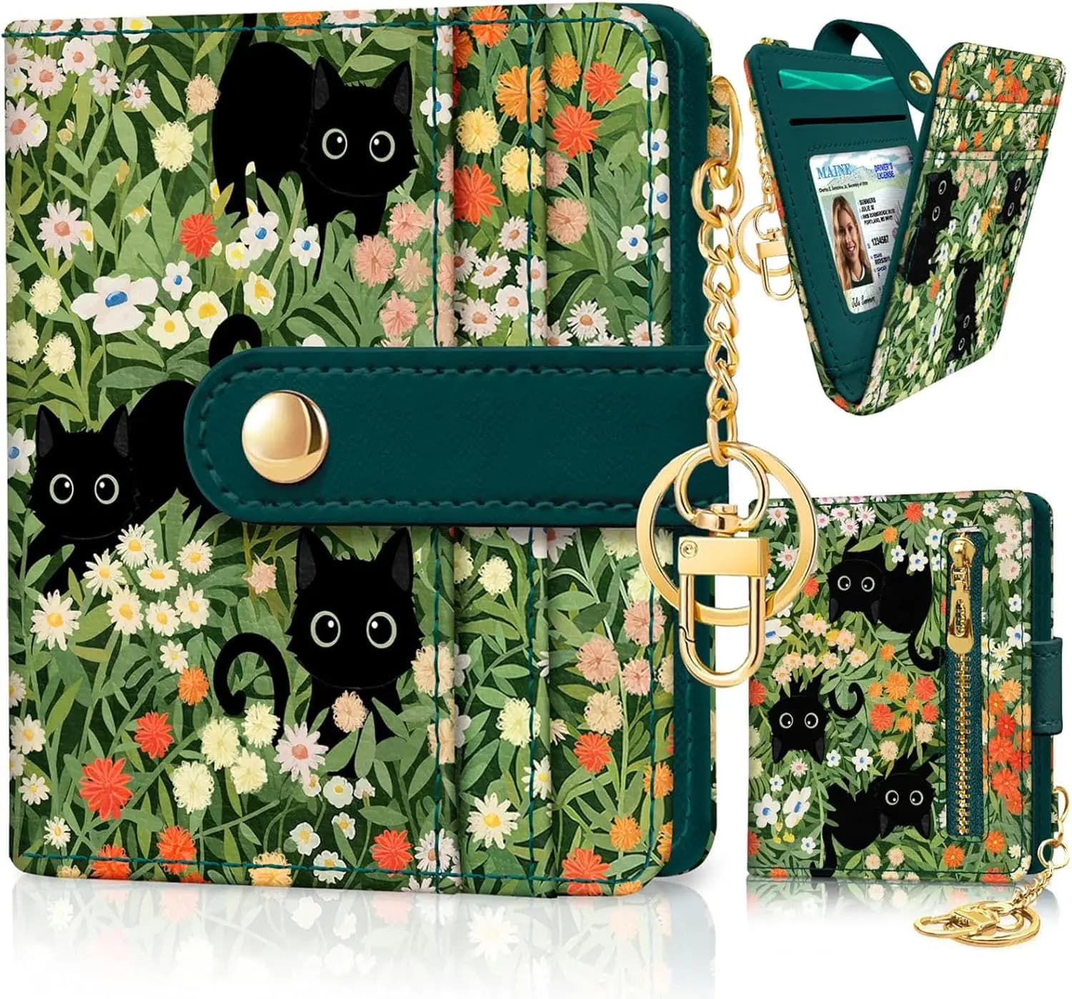 Black Cat Floral Rfid Women Wallet, Small Slim Thin Credit Card Wallet, PU Leather Bifold Cash Zipper Coin Pocket ID Window for