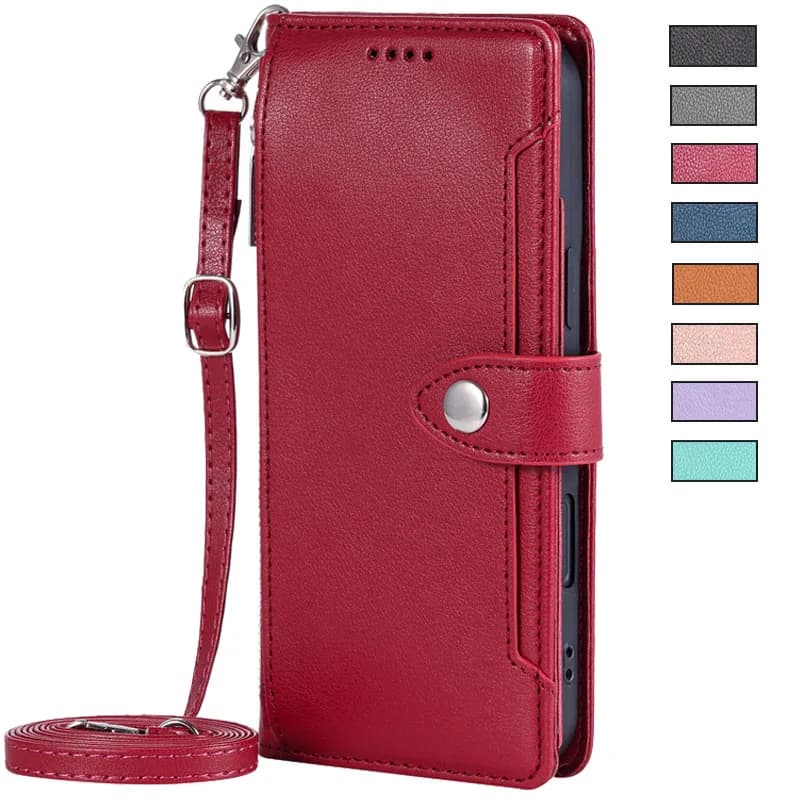 Solid Color Wallet Case for Samsung Galaxy S26 Ultra S26+ S25 edge S24 S23 S22 S21 FE Ultra Plus Long Strap Zippoer Leather Bag