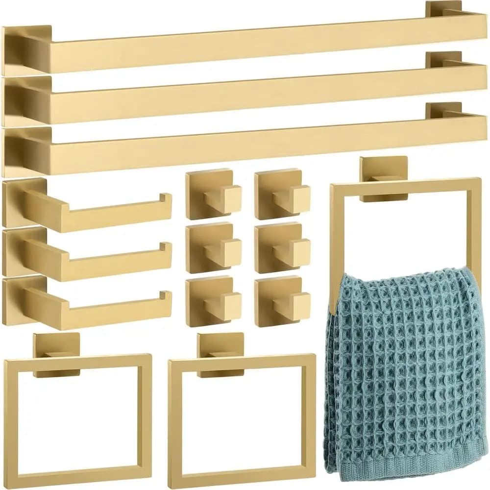 Set di 15 Accessori Dorati per Bagno, Kit Portasciugamani da 23,6 Pollici, Set di Accessori per Bagno in Acciaio Inossidabile, Portasciugamani, Anello Portasciugamani, Porta Accappatoio