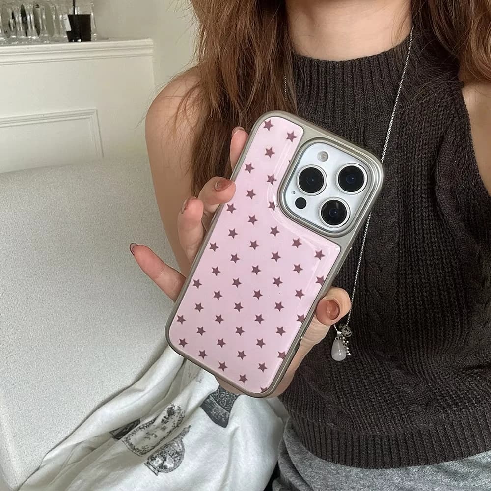 Electrolytic resin phone case with full-screen pink star pattern for iPhone 17 Air 16 Pro Max 15 14 Plus 13 12 11 Rear cover