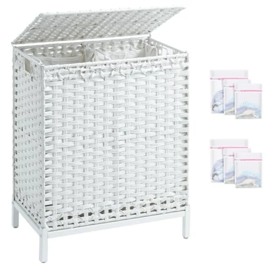 Cesto portabiancheria in vimini di rattan intrecciato a mano da 112 L con coperchio e sacchi interni rimovibili, piedini rialzati in metallo, 6 sacchi portaoggetti in rete, Dual-S
