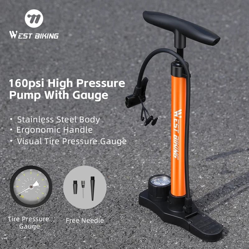 WEST BIKING Pompa per bici 160PSI con manometro Pompa per bici portatile in acciaio inossidabile Valvola Schrader Presta Gonfiatore Accessori per bici