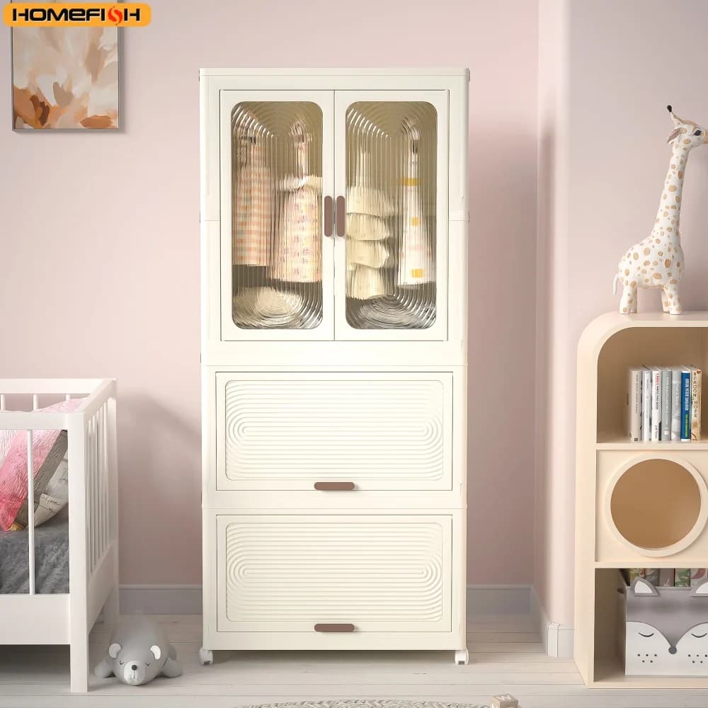 Portable wardrobe cabinet organizer for clothes, dresser, magnetic doors with 4 cubes and rod for hanging, 10 hangers
