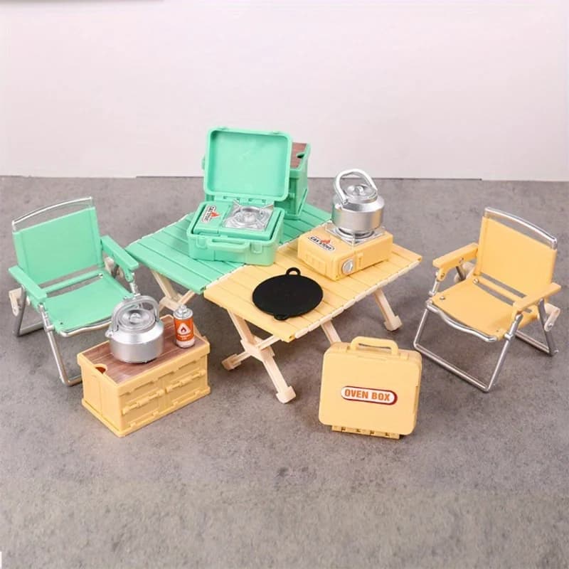 1 set house miniature dolls camping picnic table folding chairs gas stoves model mini outdoor simulate equipment ornament accessory
