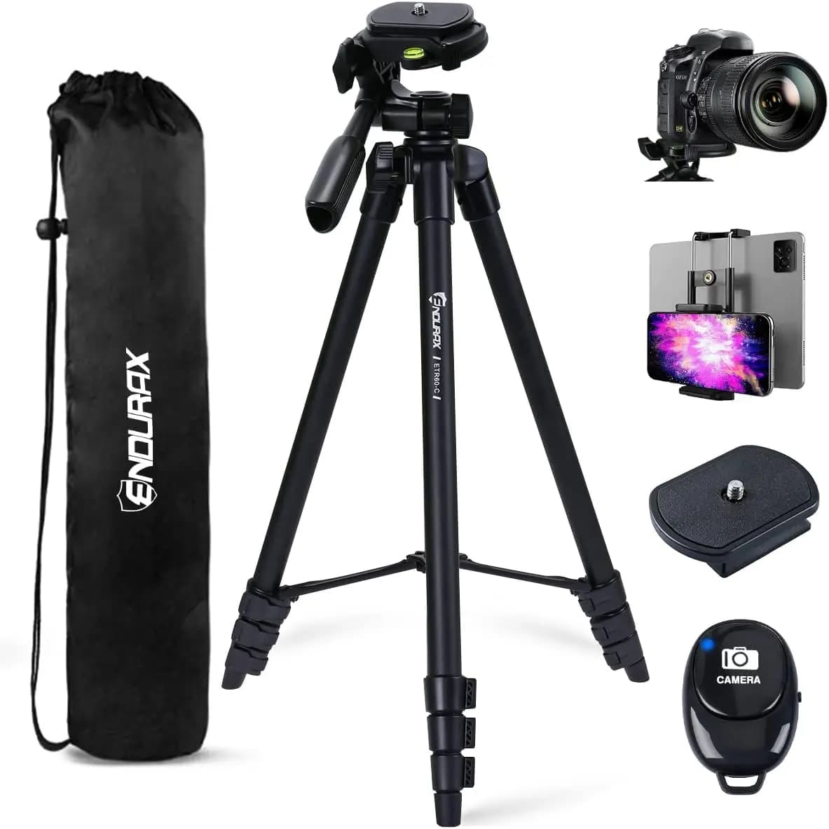 Treppiede per Fotocamera DSLR da 60'' con Supporto per Telefono e Tablet e Telecomando, Supporto da Viaggio Nero per Canon Nikon