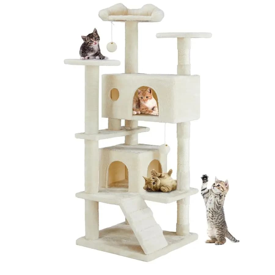 Albero per Gatti da Interno da 54 Pollici, Torre Multilivello per Gatti Grandi con 2 Cucce, Tiragraffi, Piattaforma Rotonda, Piccola Scala