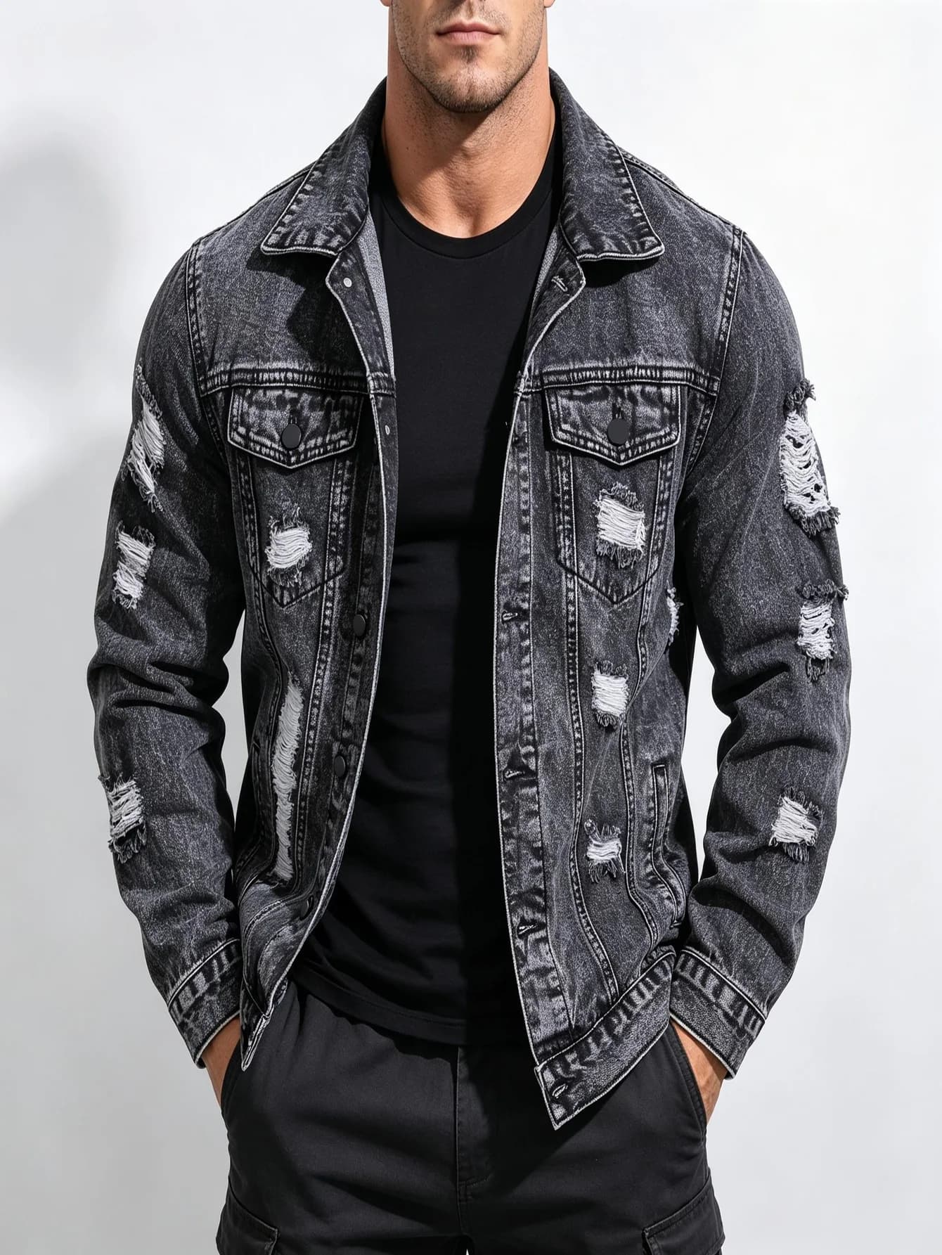 American Casual Street Men's Y2K Denim Jacket Long Sleeve Lapel Jean Outerwear Daily Gift for Husband Lover