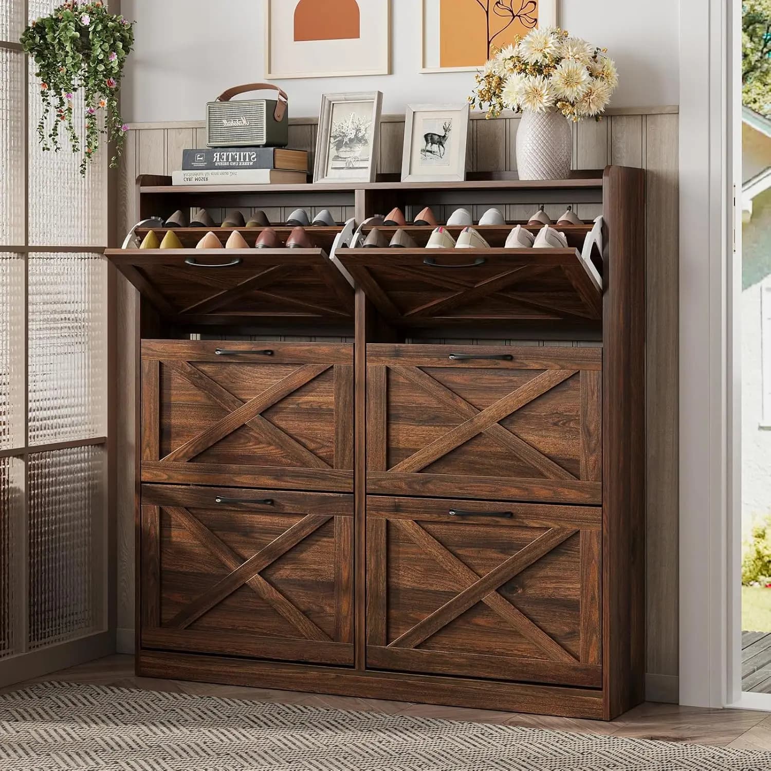 Grande Armadio Portascarpe con 6 Cassetti Ribaltabili, Organizzatore per Scarpe Autoportante con Maniglie in Metallo per Ingresso, Stretto, Personalizzabile