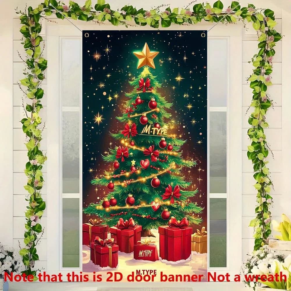 2D flat banner, 1pcs, festive Christmas tree and gift box house number - vibrant indoor/outdoor festive decorations