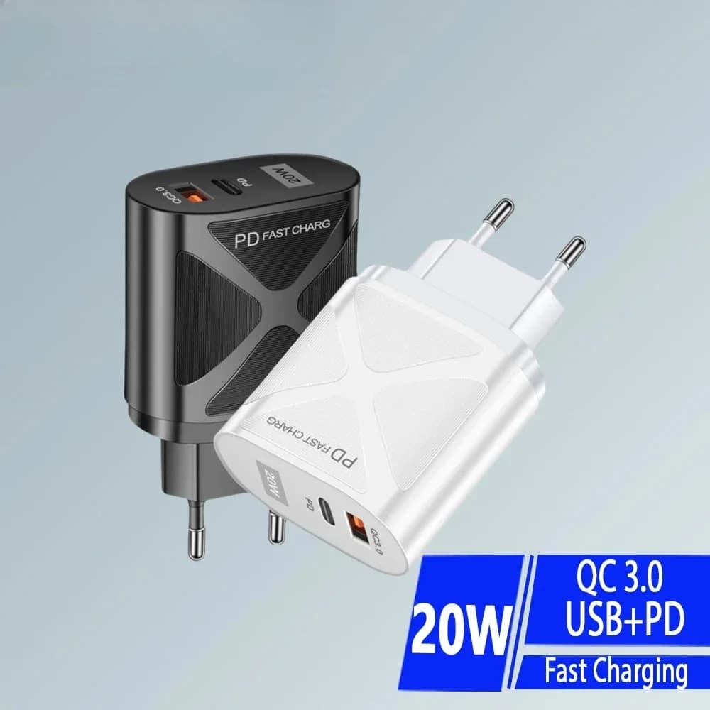 Caricabatterie Rapido 20W PD a Doppia Porta QC3.0 USB C con Spina EU/US/KR per iPhone 15 Samsung Xiaomi iPad Macbook Air