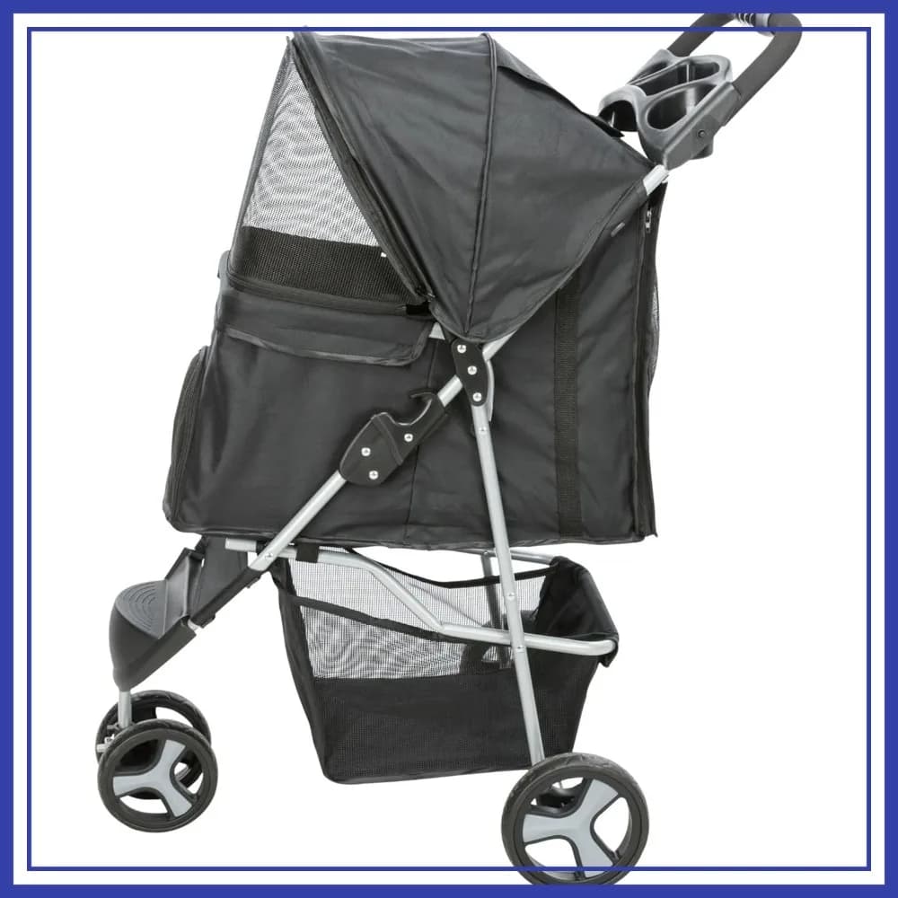 Passeggino Pieghevole per Cani e Gatti, Carrello da Viaggio con Copertura Antipioggia, Portabicchieri, Cestino Portaoggetti, Nero