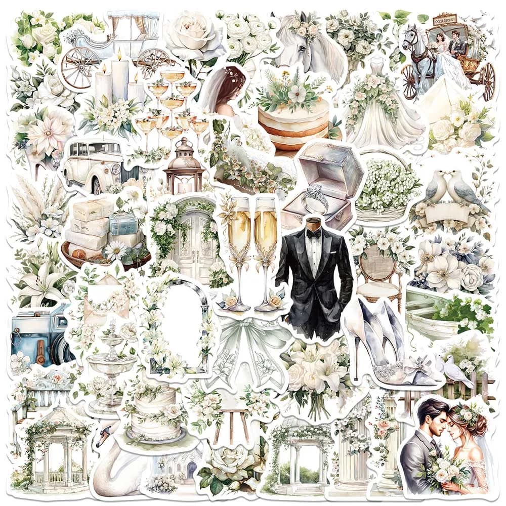 50 adesivi floreali bianchi vintage per matrimoni, eleganti decorazioni botaniche per scrapbooking, inviti, album fotografici e decorazioni.