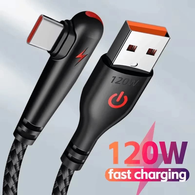 90-degree USB Type C Elbow Data Cable for 120 W Fast Charging Phone Charger for Samsung Xiaomi Huawei Quick Charging USB C Cable