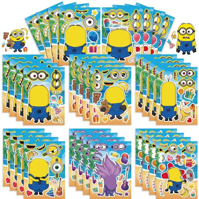 Set di 8 Adesivi Puzzle dei Minions, Cartoni Animati con Occhi Grandi, Gioco Creativo per Bambini, Regalo