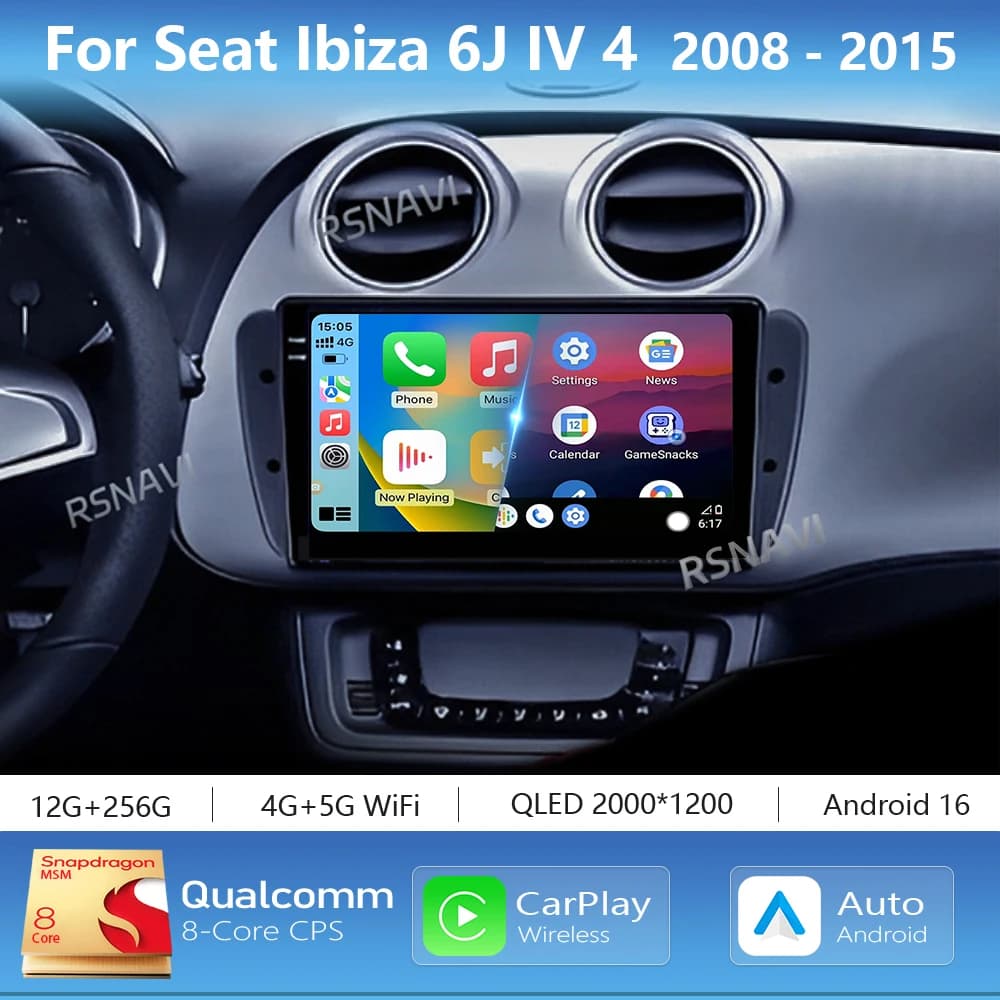 Android 16 Carplay Auto Navigation Car Multimedia Radio Player For Seat Ibiza 6J 2008 2009 2010 2011-2015 Stereo Wifi+4G Video