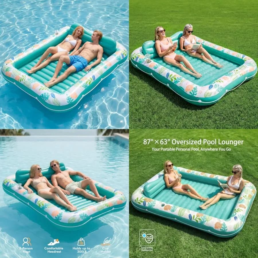 Lettino gonfiabile prendisole per piscina, 87 x 63 cm, galleggiante per adulti con cuscino e portabicchieri, gonfiabile 4 in 1 riempibile con acqua per prendere il sole